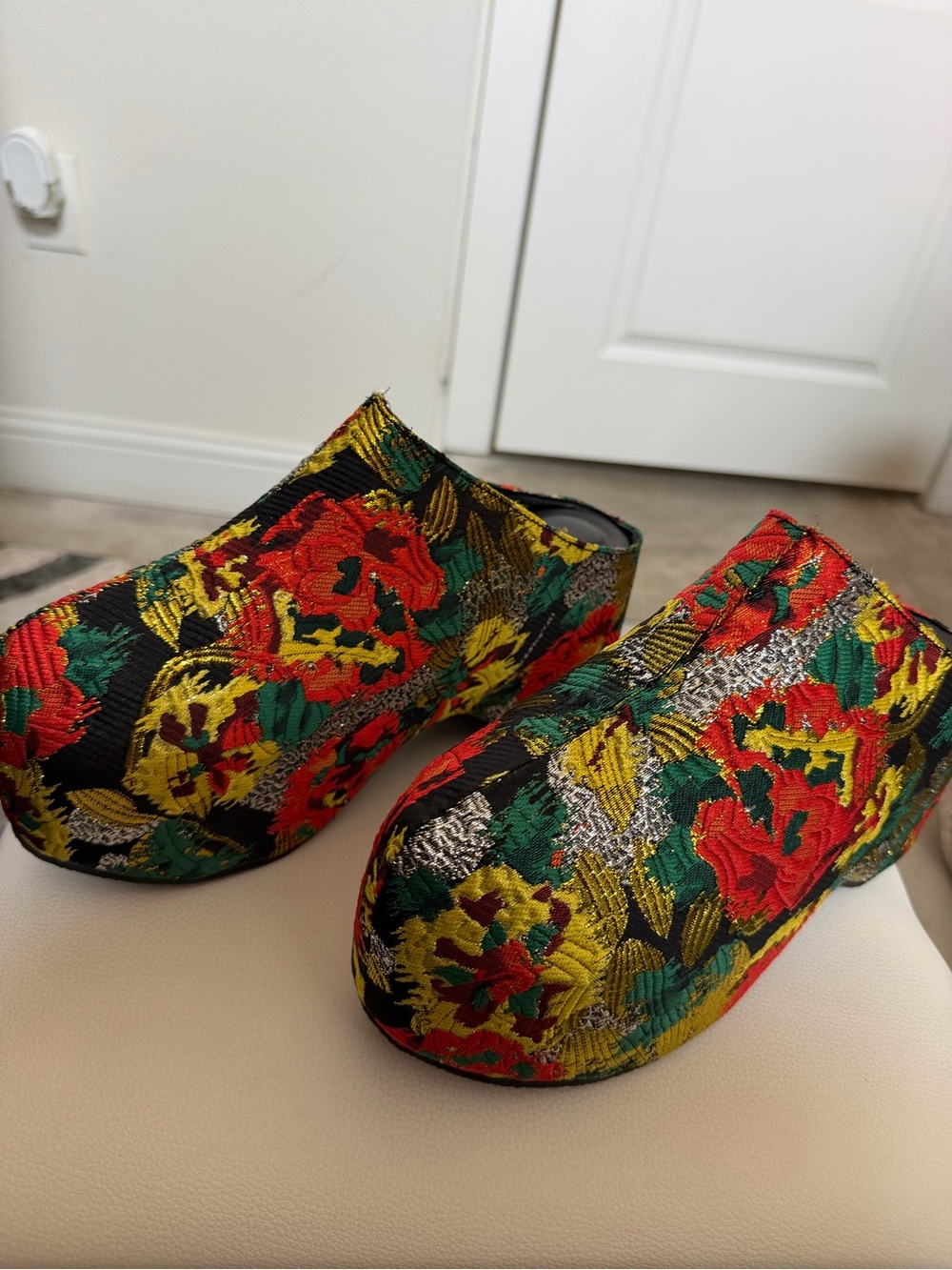 Azalea Wang Floral Embroidered Wedge Mules in Black, Red & Yellow